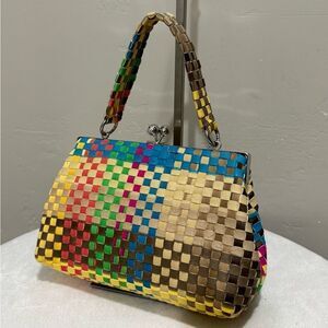 Colorful Woven Leather Handmade Kisslock Box Bag, Crossbody, Multi Use Style